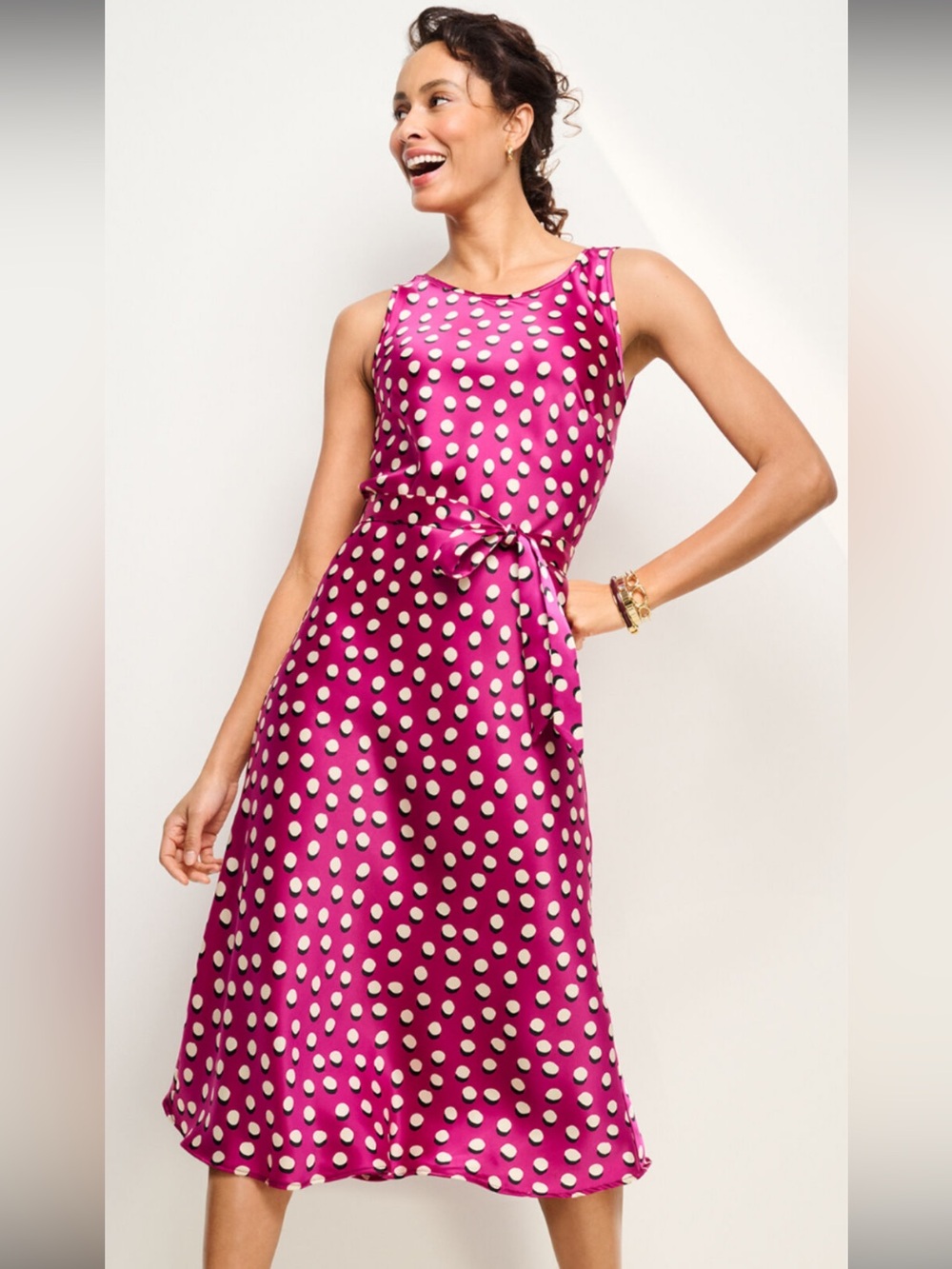 NWT Talbots Petite Polka Dot Belted Midi Dress Pink Satin 8P & 10P Available